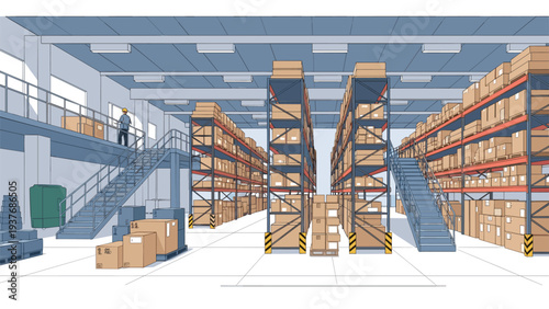 Interior of a massive modern warehouse with tall industrial shelves, many cardboard boxes, and a professional logistics manager.