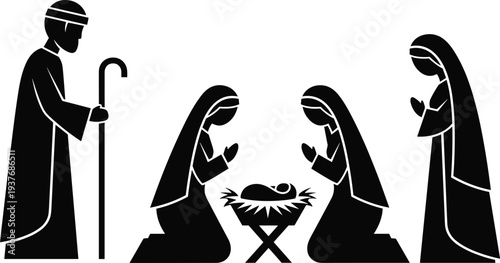 Silhouette Nativity Scene Illustration Featuring Joseph Mary and Shepherds Praying Around Baby Jesus in Manger for Christmas Holiday Religious Design