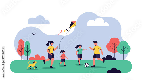Happy family enjoying a sunny day outdoors in a green park while playing soccer and flying a kite with their pet dog.