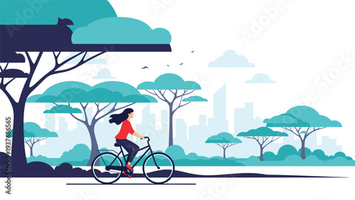 Woman riding her bicycle through a beautiful green park area with various trees and a distant city skyline in the background.