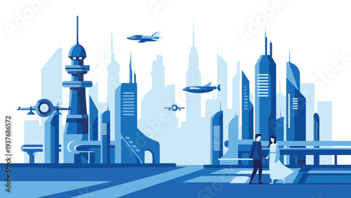 Couple holding hands while looking at a futuristic city skyline filled with high tech skyscrapers and flying transportation.