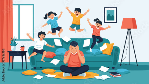 Overwhelmed father sitting on the floor with his head in his hands while four children jump and play chaotically on a sofa.