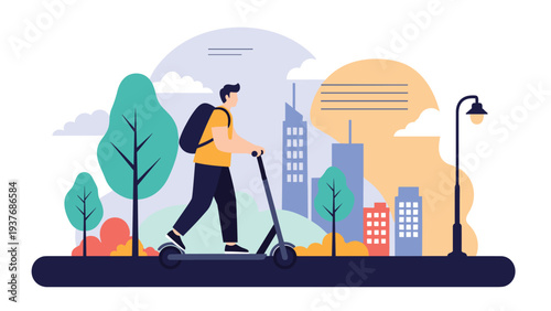 Young man with a backpack riding an electric kick scooter along a city path during a bright and sunny afternoon.