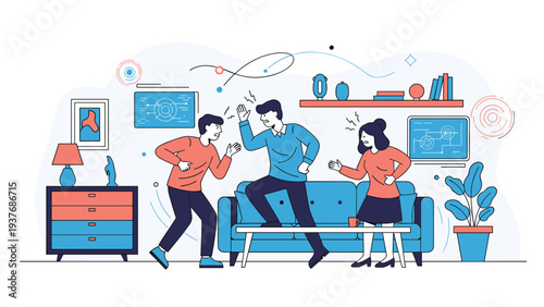 Group of people engaged in a loud and heated argument while standing in a modern living room setting during a conflict.