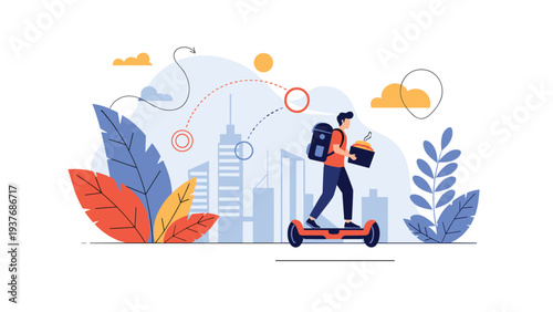 Modern delivery courier riding a hoverboard through the city to deliver fresh food items to a local customer's doorstep.