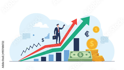 Successful businessman standing on an upward trending arrow chart surrounded by money, coins, and financial growth symbols.