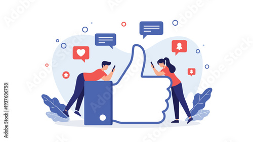 Two people using their smartphones while leaning on a giant blue thumbs up like icon surrounded by social media symbols.