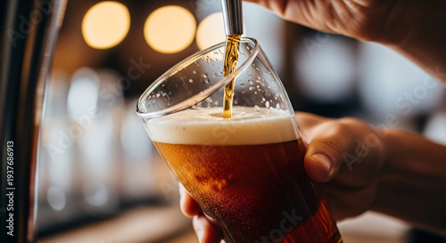 Close up of person pouring fresh draft beer into glass at bar counter with warm ambient lighting and blurred background for pub or brewery ambiance