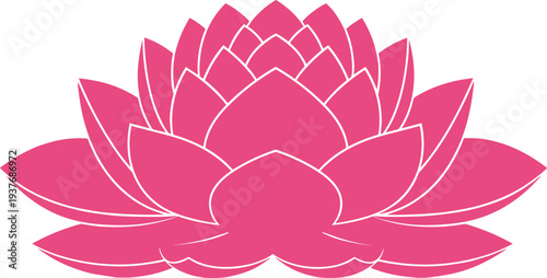 Pink lotus flower vector illustration, symmetrical layered petals outlined in white, spiritual purity and enlightenment decorative floral design