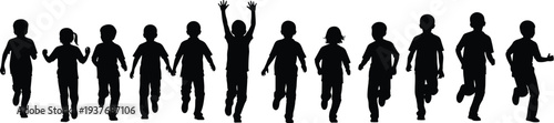 Silhouette of children running forward, group of kids in motion, black vector illustration, childhood energy, outdoor play, active lifestyle concept drawing