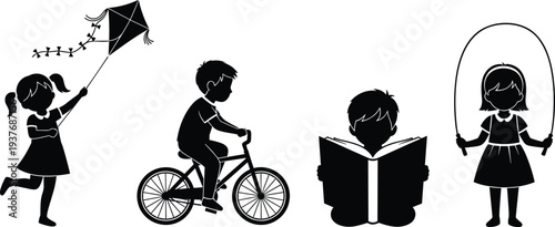 Silhouette of Kids Playing and Reading, Children Activities Vector Illustration, Biking, Skipping, Flying Kite, Book Reading, Outdoor Fun in Black and White