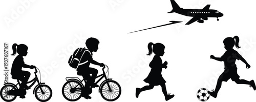 Silhouette of kids riding bicycles, running, playing soccer, airplane flying above, childhood activity, travel dream, outdoor fun, vector illustration art