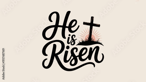 Easter christian symbol cross he is risen typography design on beige background with red glow