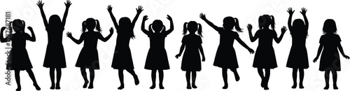Silhouette of Little Girls in Various Poses, Children Dancing, Jumping, Playing, Isolated on White Background, Perfect for Kids Activities Vector Illustrations