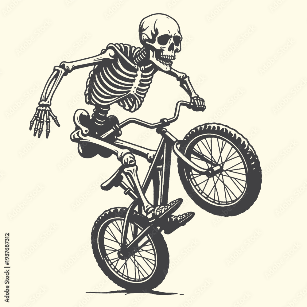 Naklejka premium Dynamic vector graphic illustration depicting a cool skeleton rider performing an exciting bicycle stunt on a bmx bike, showcasing extreme sports fun.