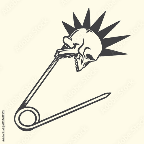 Edgy black and white vector illustration featuring a punk rock skull secured by a large piercing safety pin design element