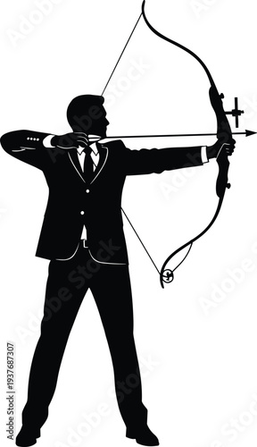 Silhouette of a professional businessman in a suit aiming a bow and arrow to reach business targets and successful corporate goals.