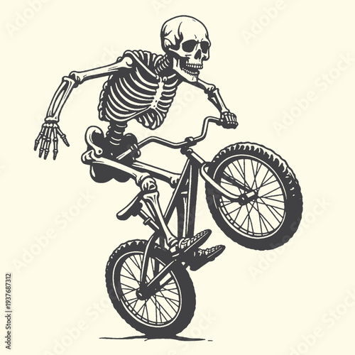 Dynamic vector graphic illustration depicting a cool skeleton rider performing an exciting bicycle stunt on a bmx bike, showcasing extreme sports fun.