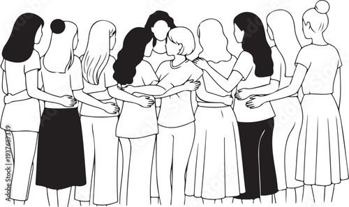 8 march, International Women's Day. Vector templates for card, poster, flyer and social media design. Women stand together and support each other in line art or outline style. Girl hugs. Sisterhood 01