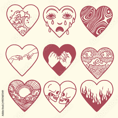 A diverse collection of nine vector graphic heart illustrations, each uniquely adorned with various themes representing emotions, nature, and human connection, perfect for creative design projects.