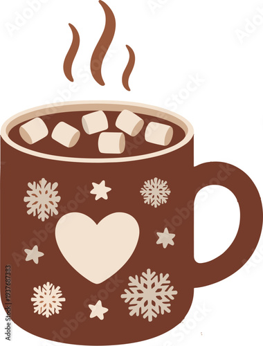 Brown mug of hot chocolate with marshmallows and heart snowflakes vector illustration