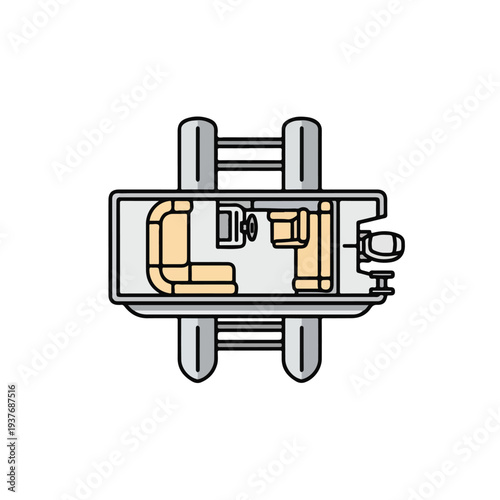 Top view of a camper van interior with furniture and layout