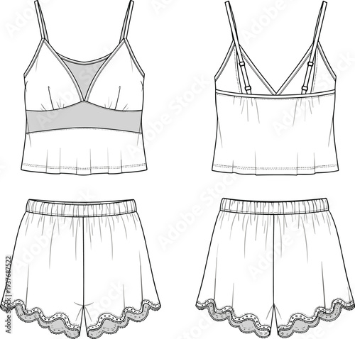 Women’s sleepwear set, camisole and shorts, lace trim, fashion illustration, technical sketch, garment construction, apparel design, clothing template, nightwear