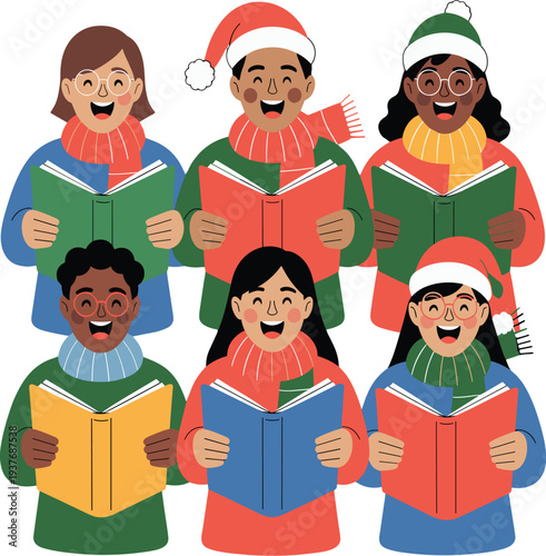 Colorful people singing christmas carols in winter clothes vector illustration