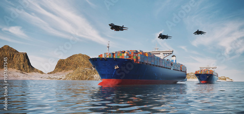 fighter jets flying over container ships in Hormuz Strait 3D render illustration