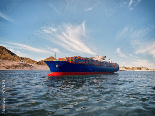 Принти на полотні Container ship navigating through the Strait of Hormuz in Middle East 3D render