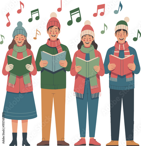Four people in winter clothing singing from books with musical notes vector illustration