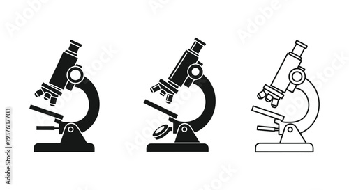 Collection of three different vector graphic illustrations representing laboratory microscopes in black silhouette and outline styles.