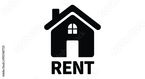 Simple black house icon graphic design featuring the word "rent" underneath for property services.