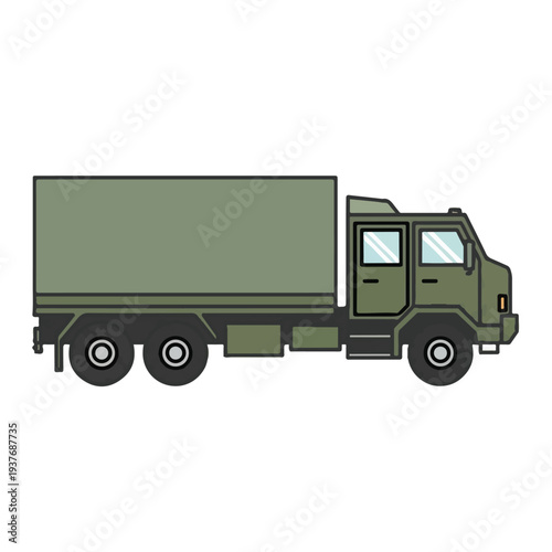 Military green truck with large cargo area on wheels
