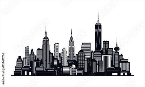 Stylized black and white silhouette of a modern city skyline with prominent skyscrapers.