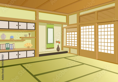 和風の部屋の背景素材 畳・障子・書院造り風