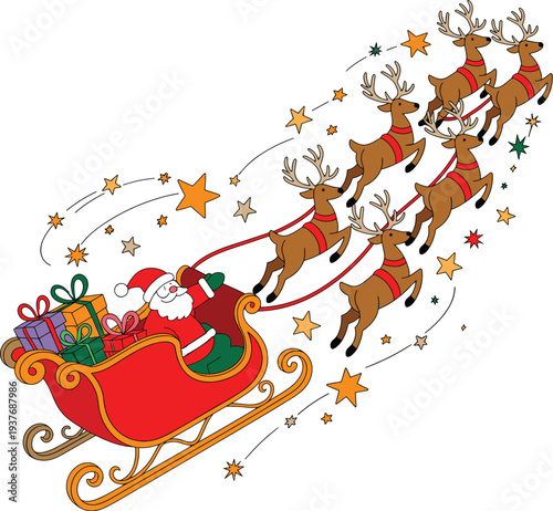 Santa claus in red sleigh with reindeer and gifts flying through stars vector illustration