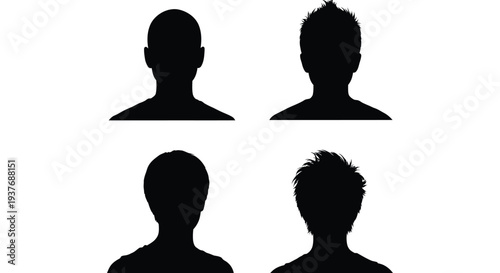 Four diverse human head and shoulder vector silhouettes featuring various modern hairstyles