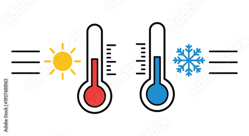 Vector illustration of two thermometers displaying contrasting hot and cold temperatures with sun and snowflake icons.