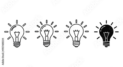 A set of four stylized light bulb icons illustrating various stages of idea generation and illumination concepts