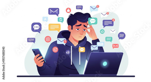 A young man in a hoodie looking exhausted in front of a laptop, surrounded by floating email and message icons.