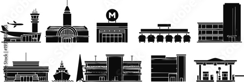 Urban Transportation Hub Silhouette Set: Airport, Train Station, Metro, and Bus Terminal Icons