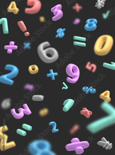 3Dパステルカラーの数字と数学記号が浮遊する抽象背景素材