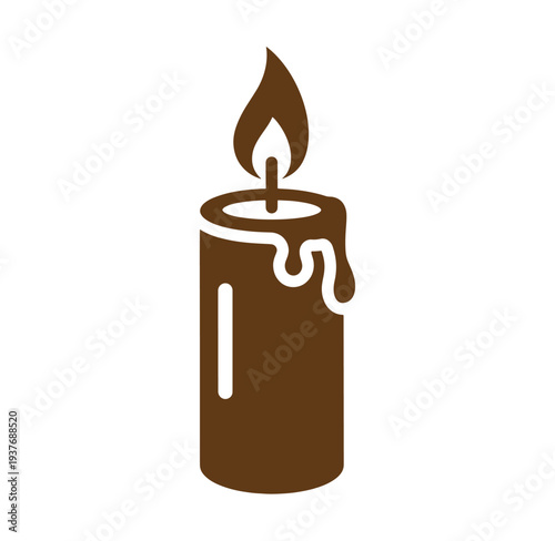 brown candle with melting wax and a flame on top