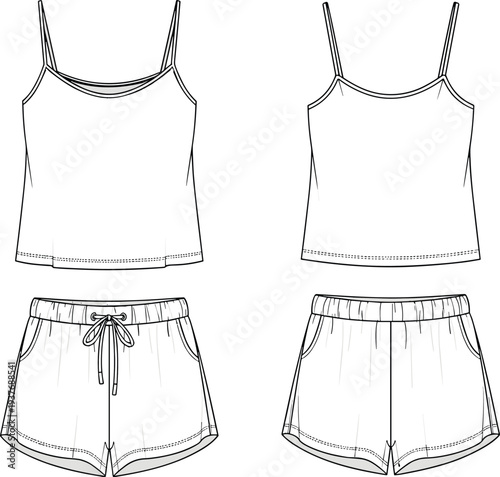 Women’s sleepwear set, camisole top, shorts with drawstring, fashion illustration, technical sketch, garment construction, apparel design, clothing template, nightwear