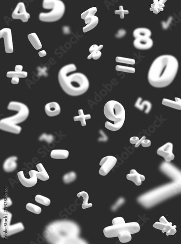 浮遊する3D数字と数学記号のモノクロ背景素材