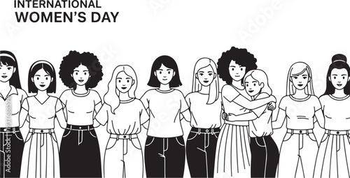 8 march, International Women's Day. Vector templates for card, poster, flyer and social media design. Women stand together and support each other in line art or outline style. Girl hugs. Sisterhood.
