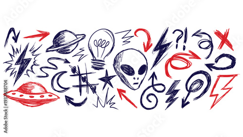 Set of various doodle abstract elements, including ufo, aliens, arrows, and other symbols, hand-drawn vector illustration for creative projects