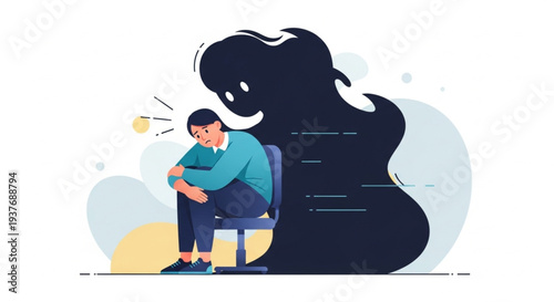 A lonely woman sitting on a chair with a giant dark shadow looming over her, symbolizing depression, anxiety, and mental health struggles.