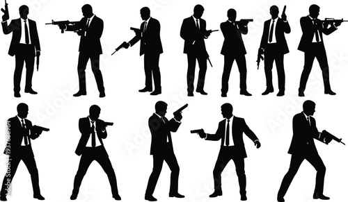 Solid silhouette vector of men in suits holding firearms, secret agent poses, tactical operation artwork, espionage design, cinematic action illustration